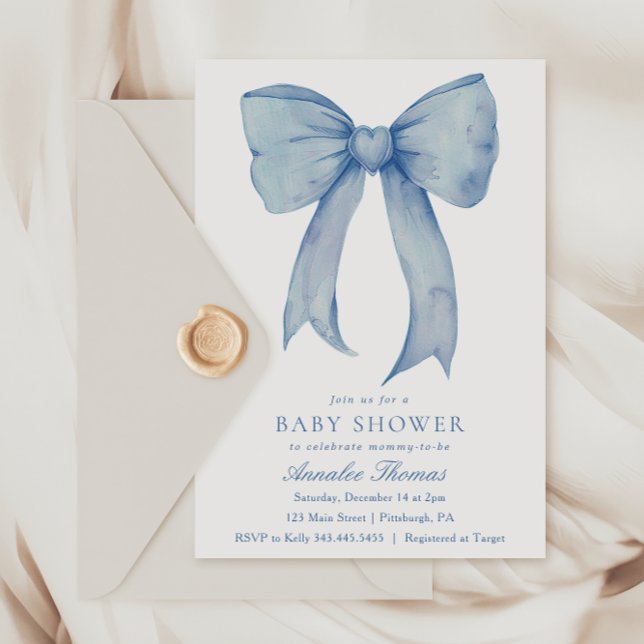 Watercolor Blue Bow Boy Baby Dusche Einladung (Von Creator hochgeladen)