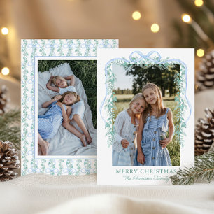 Watercolor Blue Bow Garland Weihnachts-Foto Feiertagskarte