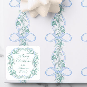 Watercolor Blue Bow Garland Weihnachtsgeschenk Quadratischer Aufkleber