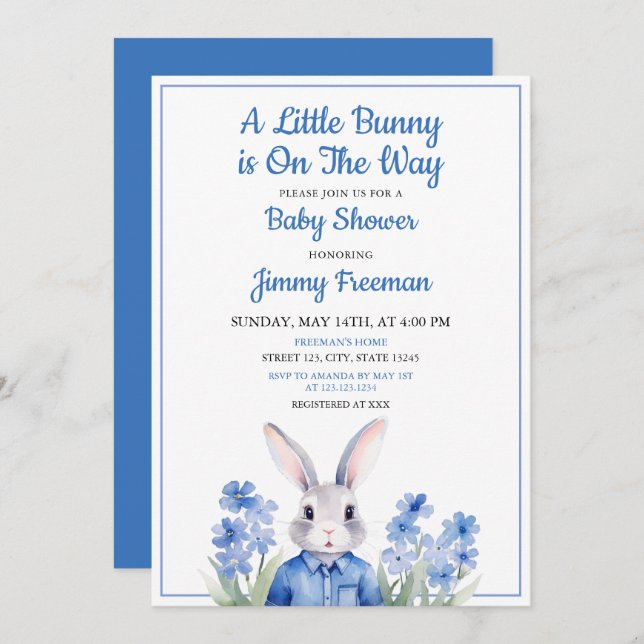 Watercolor Blue Bunny Boy Floral Baby Dusche Einladung (Vorne/Hinten)