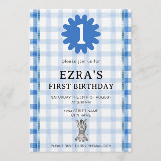 Watercolor Blue Check Koala Birthday Invitation Einladung