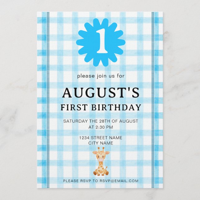 Watercolor Blue Check Koala Birthday Invitation Einladung (Vorderseite)