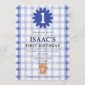 Watercolor Blue Check Tiger Birthday Invitation Einladung
