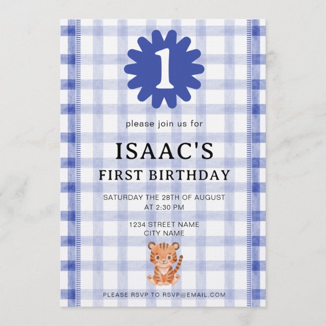 Watercolor Blue Check Tiger Birthday Invitation Einladung (Vorderseite)