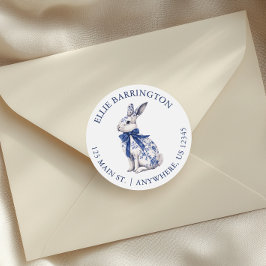 Watercolor Blue Chinoiserie Bunny Rabbit Adresse Runder Aufkleber