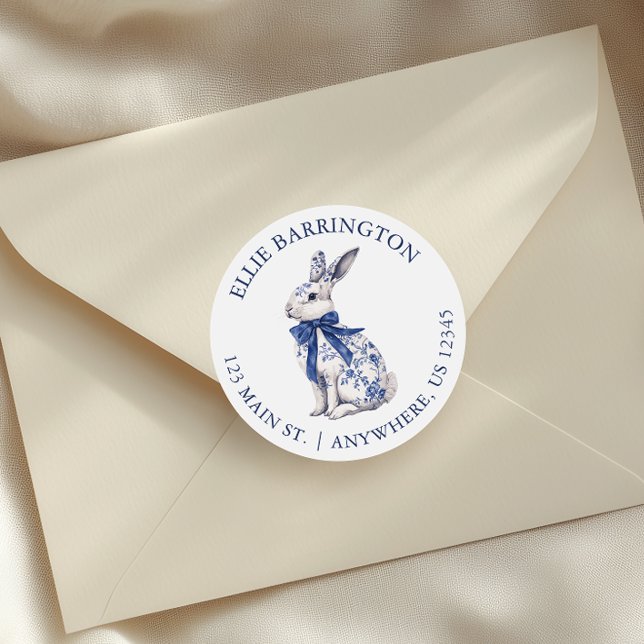 Watercolor Blue Chinoiserie Bunny Rabbit Adresse Runder Aufkleber (Von Creator hochgeladen)