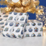 Watercolor Blue Christmas Geschenkpapier<br><div class="desc">Weihnachtsschokolade,  Geschenke und Urlaubsornamente in blauen Aquarellelementen auf weiß</div>