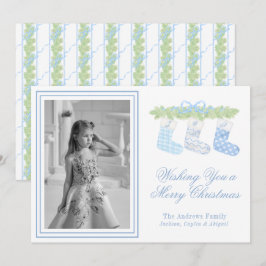 Watercolor Blue Christmas Monogram Strumpfs Foto Feiertagskarte