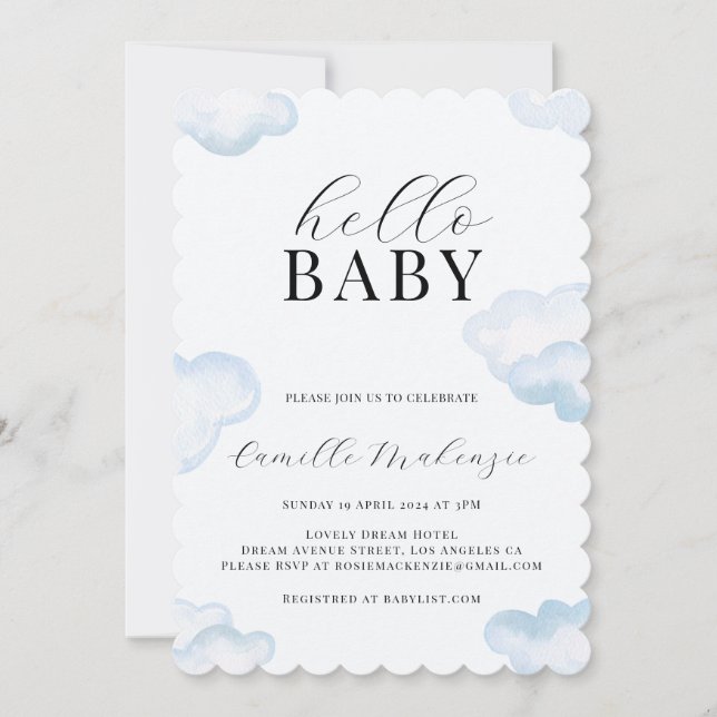 Watercolor Blue Cloud Baby Dusche Einladung (Vorderseite)