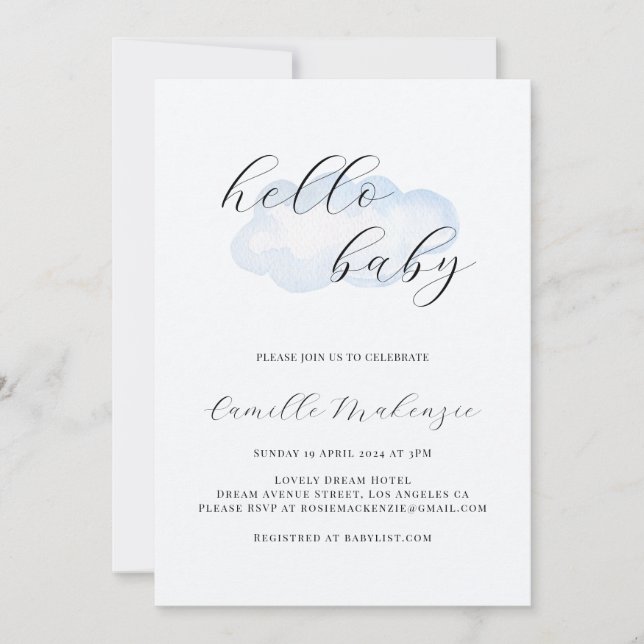 Watercolor Blue Cloud Baby Dusche Einladung (Vorderseite)