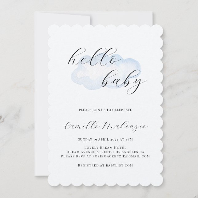 Watercolor Blue Cloud Baby Dusche Einladung (Vorderseite)