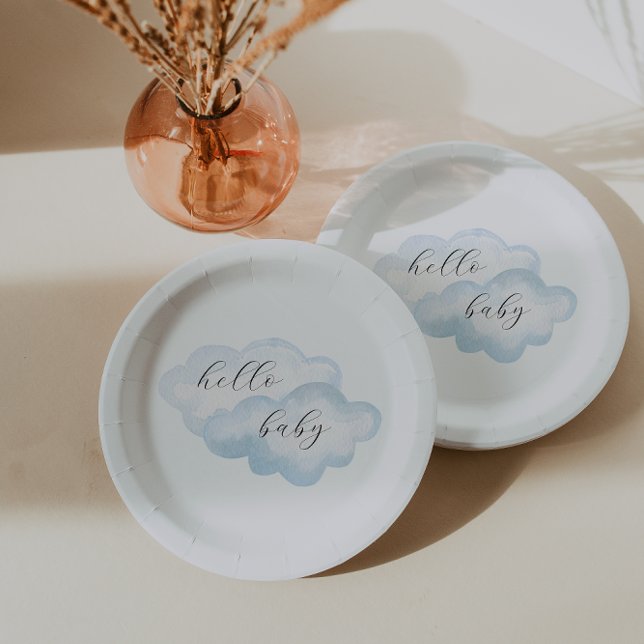 Watercolor Blue Cloud Baby Dusche Pappteller (Von Creator hochgeladen)
