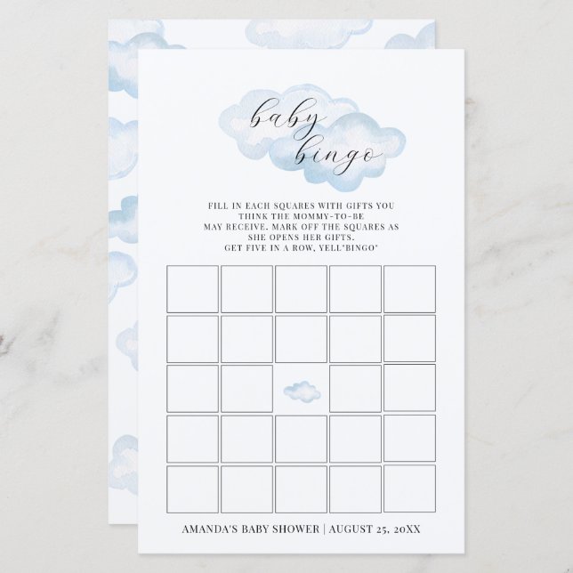 Watercolor Blue Cloud Baby Shower Baby Bingo (Vorne/Hinten)