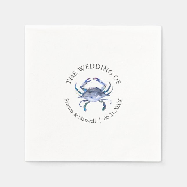 Watercolor Blue Crab Beach Wedding Cocktail Napkin Serviette (Vorderseite)