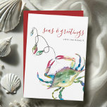 Watercolor Blue Crab Beach Weihnachtskarte Feiertagskarte<br><div class="desc">Feiern Sie Weihnachten im Juli 2025 mit dieser tropischen Aquarell-Urlaubskarte, die ein zauberhaftes blaues Krebsdesign aufweist - perfekt für die Weihnachtsbäume an der Küste! Set auf einem knusprigen, weißen Hintergrund. Diese Weihnachtskarte am Strand zeigt originelle Meereslebenskunstwerke und den spielerischen Satz "Meer und Grüße" in der modernen Bürstenschrift. Personalisieren Sie Ihre...</div>