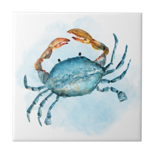 Watercolor Blue Crab Coastal Fliese (Vorderseite)