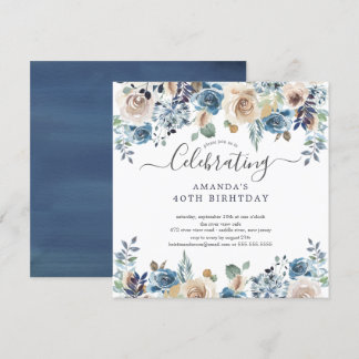 Watercolor Blue & Cream Floral Geburtstagsparty Einladung