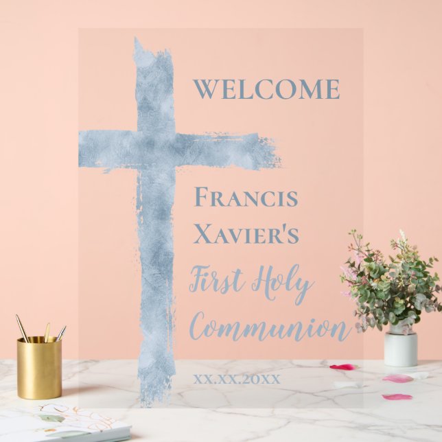 watercolor blue cross First Communion  Acrylschild (Hochzeit)