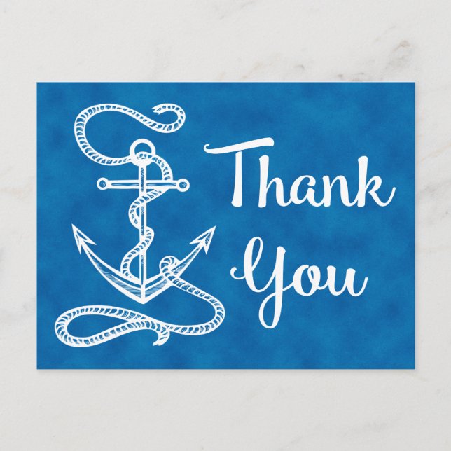 Watercolor Blue Danke Nautical Ship Anchor Postkarte (Vorderseite)