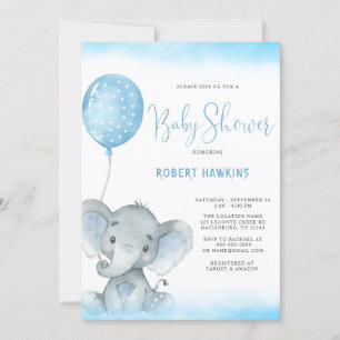 Watercolor Blue Elephant Boy Baby Dusche Einladung