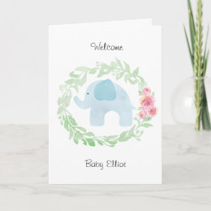 Watercolor Blue Elephant Welcome Baby Karte