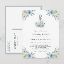 Watercolor Blue Floral Anchor Nautical Wedding