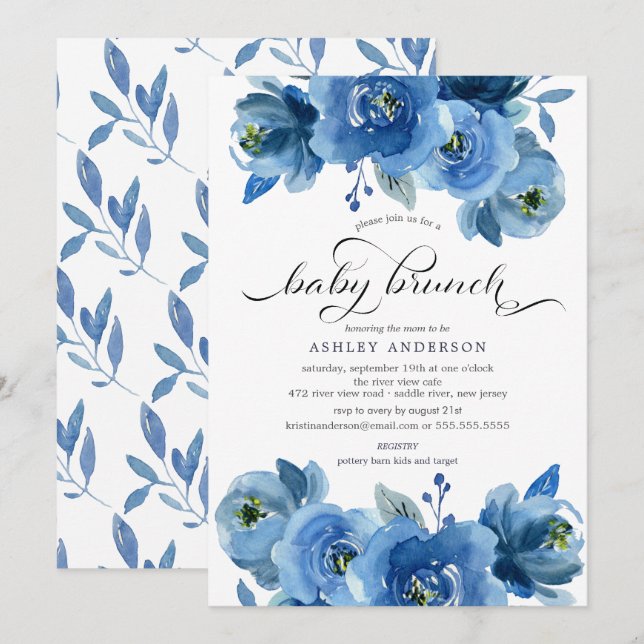 Watercolor Blue Floral Baby Brunch Einladung (Vorne/Hinten)