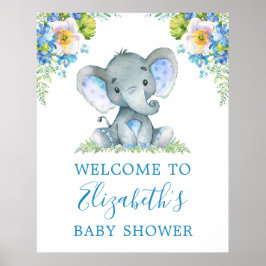 Watercolor Blue Floral Baby Elephant Baby Dusche Poster