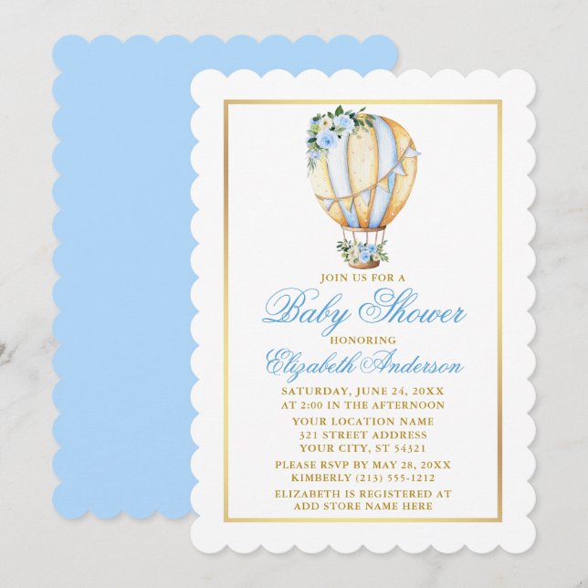 Watercolor Blue Floral Balloon Baby Dusche Gold Einladung (Vorne/Hinten)