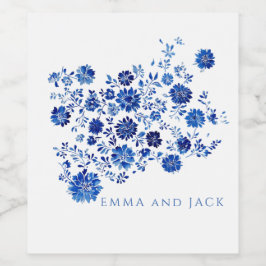 Watercolor Blue Floral Bouquet Wedding Weinetikett
