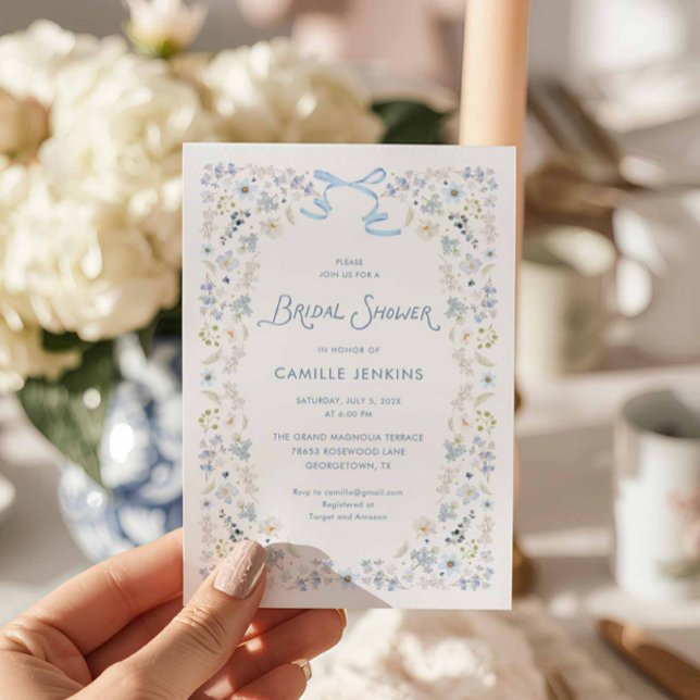 Watercolor Blue Floral Bridal Brunch Bow Invitatio Einladung (Blue Floral Bridal Shower Invitation)