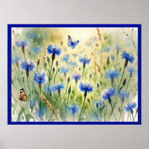 Watercolor Blue Floral Cornflower Deutschland   Poster