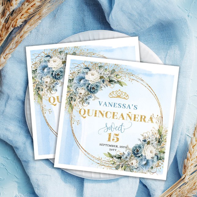 Watercolor Blue Floral Gold Quinceañera Napkins Serviette (Watercolor Blue Floral Gold Quinceañera Napkins)