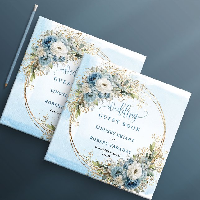 Watercolor Blue Floral Gold Wedding Guest Book Gästebuch (Watercolor Blue Floral Gold Wedding Guest Book)