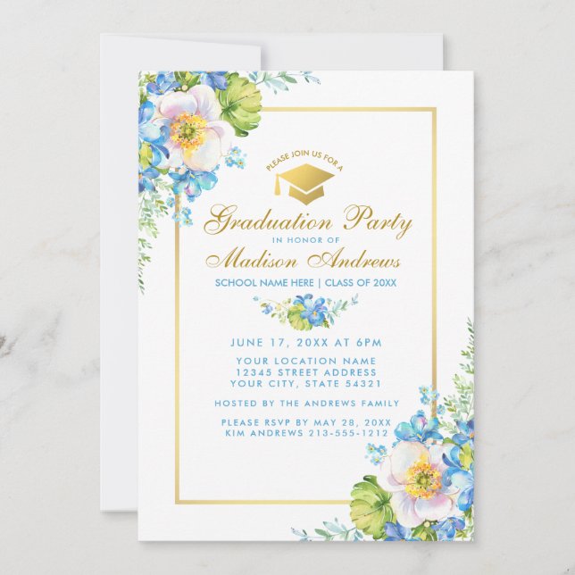 Watercolor Blue Floral Grad Party Gold Einladung (Vorderseite)