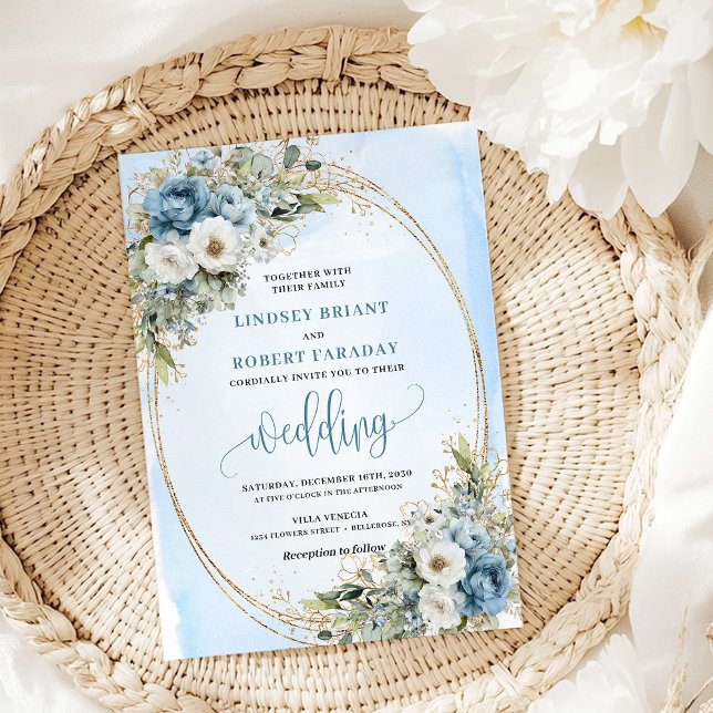 Watercolor Blue Floral Greenery Gold Wedding Invit Einladung (Watercolor Blue Floral Greenery Gold Wedding Invite)