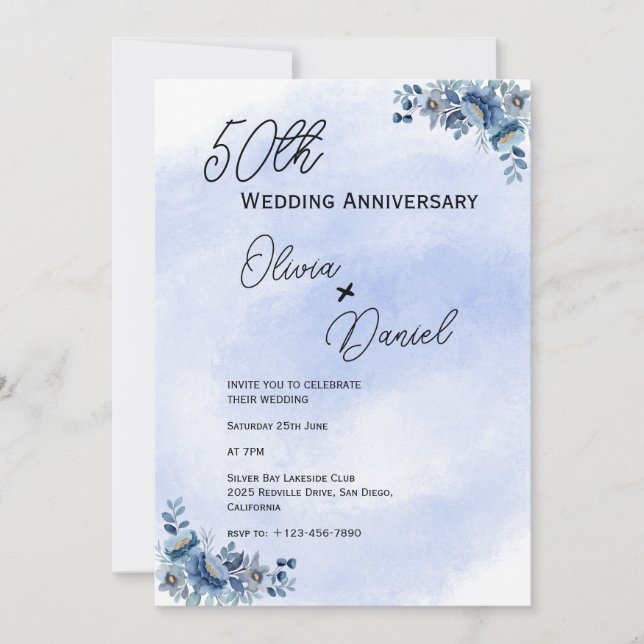Watercolor Blue Floral Wedding Anniversary  Einladung (Vorderseite)