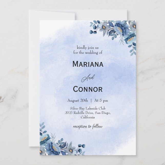 Watercolor Blue Floral Wedding Invitation Einladung (Vorderseite)