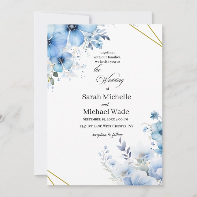 Watercolor blue floral Wedding Invitation Einladung (Vorderseite)