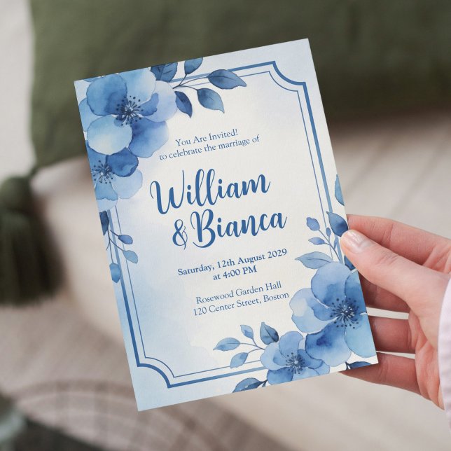 Watercolor Blue Floral Wedding Invitation Einladung (Von Creator hochgeladen)