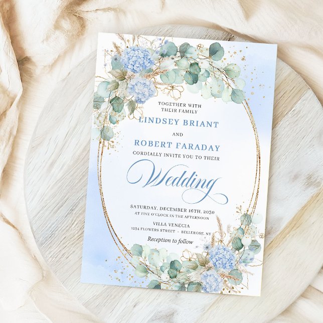 Watercolor Blue Floral Wheat Gold Wedding Invites Einladung (Watercolor Blue Floral Wheat Gold Wedding Invitation)