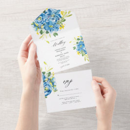 Watercolor Blue Flower Wedding Invitation All In One Einladung