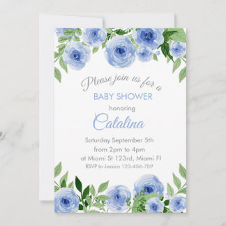 Watercolor Blue Flowers Baby Shower Invitation Einladung