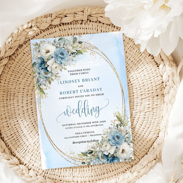 Watercolor Blue Flowers Eucalyptus Gold Wedding  Einladung (Watercolor Blue Flowers Eucalyptus Gold Wedding Invite)