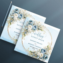 Watercolor Blue Flowers Gold Wedding Sign In Gästebuch