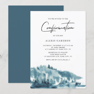 Watercolor Blue Forest Winter Confirmation Einladung