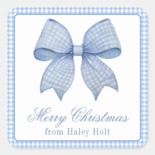Watercolor Blue Gingham Bow Quadratischer Aufkleber