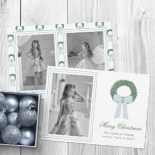 Watercolor Blue Gingham Sash Wreath Foto Feiertagskarte