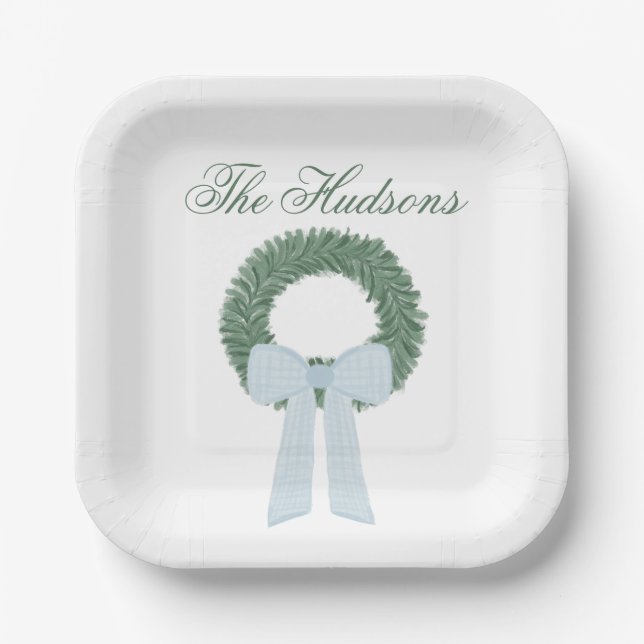 Watercolor Blue Gingham Sash Wreath Pappteller (Vorderseite)