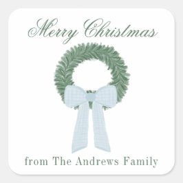 Watercolor Blue Gingham Sash Wreath Quadratischer Aufkleber
